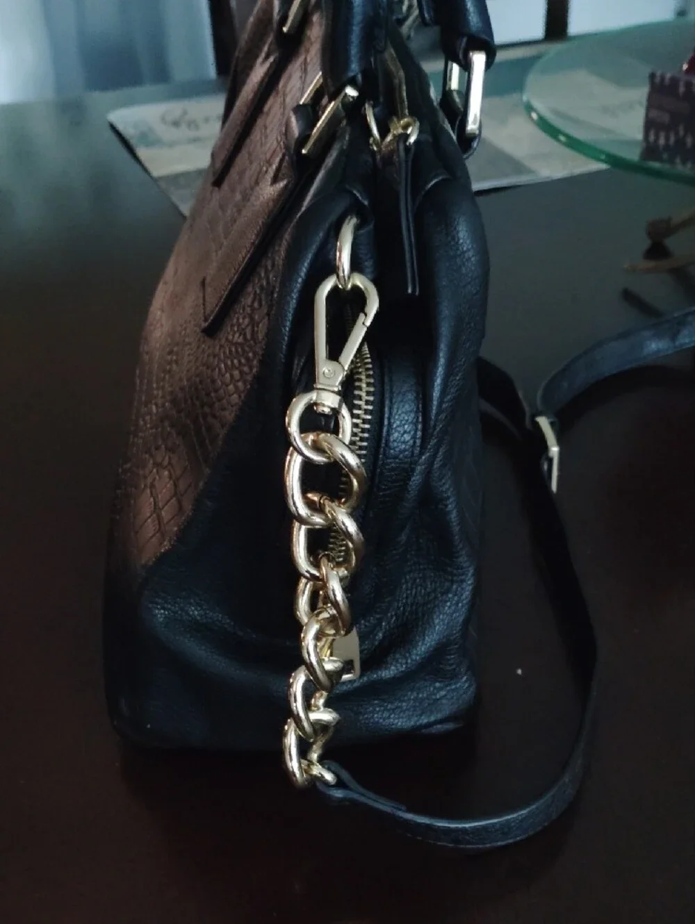 Marc Fisher,leather, Croc-Embossed Black Satchel with Gold Chain Accents